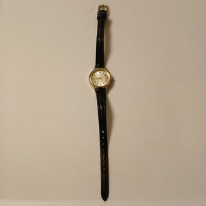 Diamond Watch Black Band Gold Toned Round White Face Classic Japan Movt